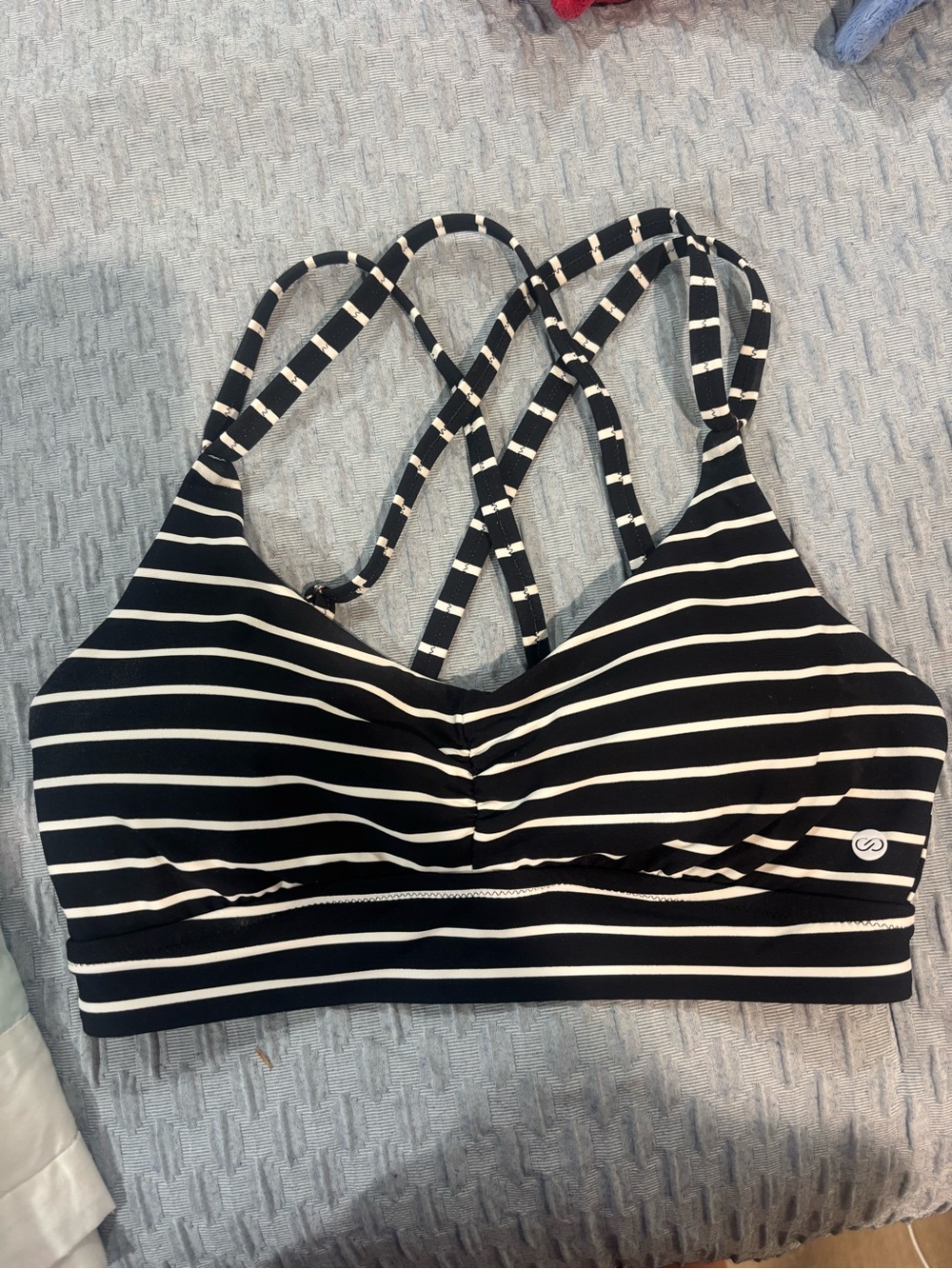CALIA by Carrie Underwood Black and White Striped Crisscross Bikini Top